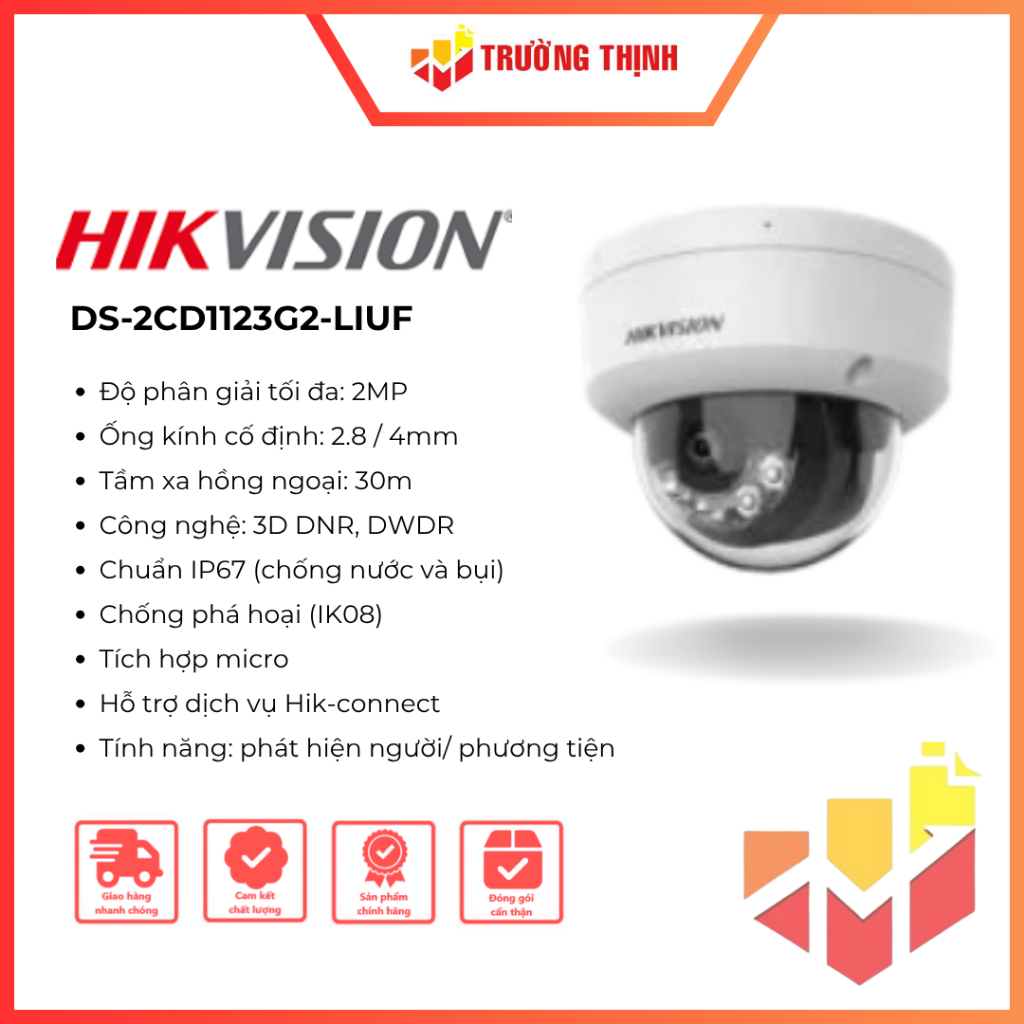 Camera bán cầu IP 2MP HIKVISION DS-2CD1123G2-LIUF | 2MP Full HD | IP67 |Tích hợp Micro