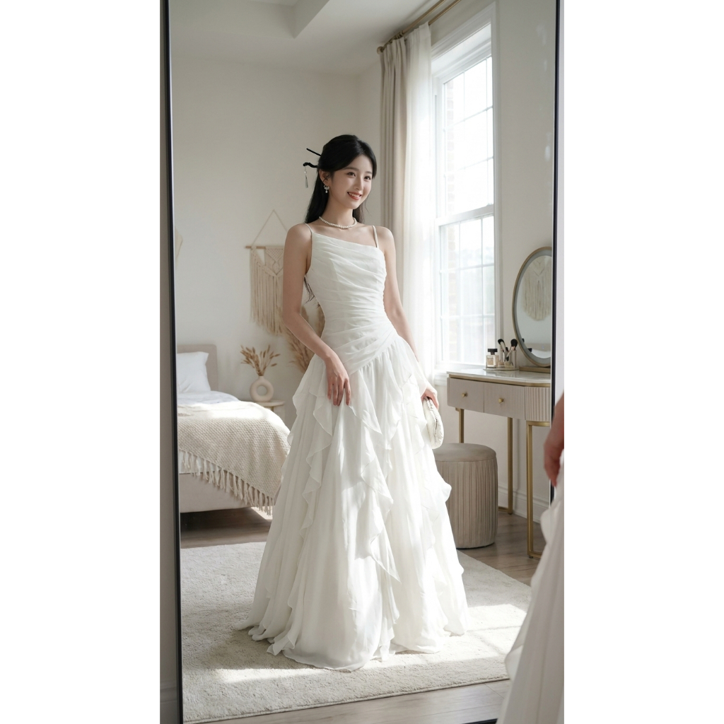 LINA BOUTIQUE' DP15 ĐẦM PHI 2 DÂY BÈO TUA RUA