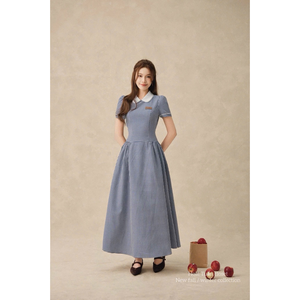Váy Thô Kẻ Xanh Cổ Sen Khâu Mác Ngực HT • Melanie Boutique