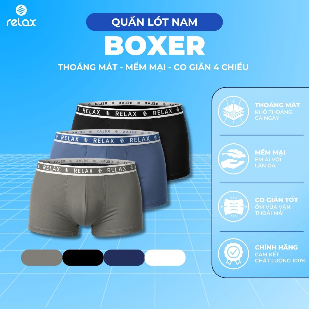 Combo 3 Quần Lót Nam Boxer Thun Lạnh Relax Thoáng Mát Co Giãn 4 Chiều - RDO121