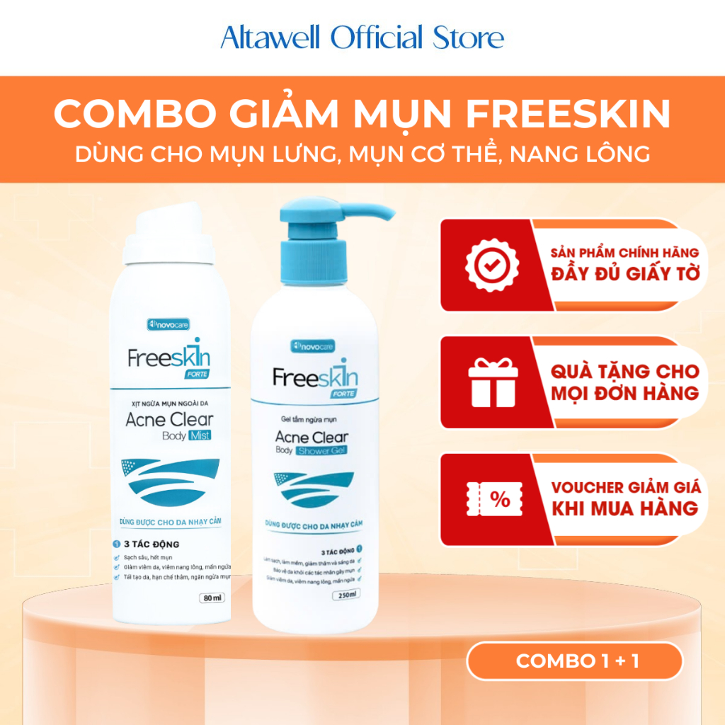 Combo Tắm + Xịt Mụn Cơ Thể Freeskin - Hỗ Trợ Làm Sạch, Ngừa Mụn, Mờ Thâm, Nang Lông