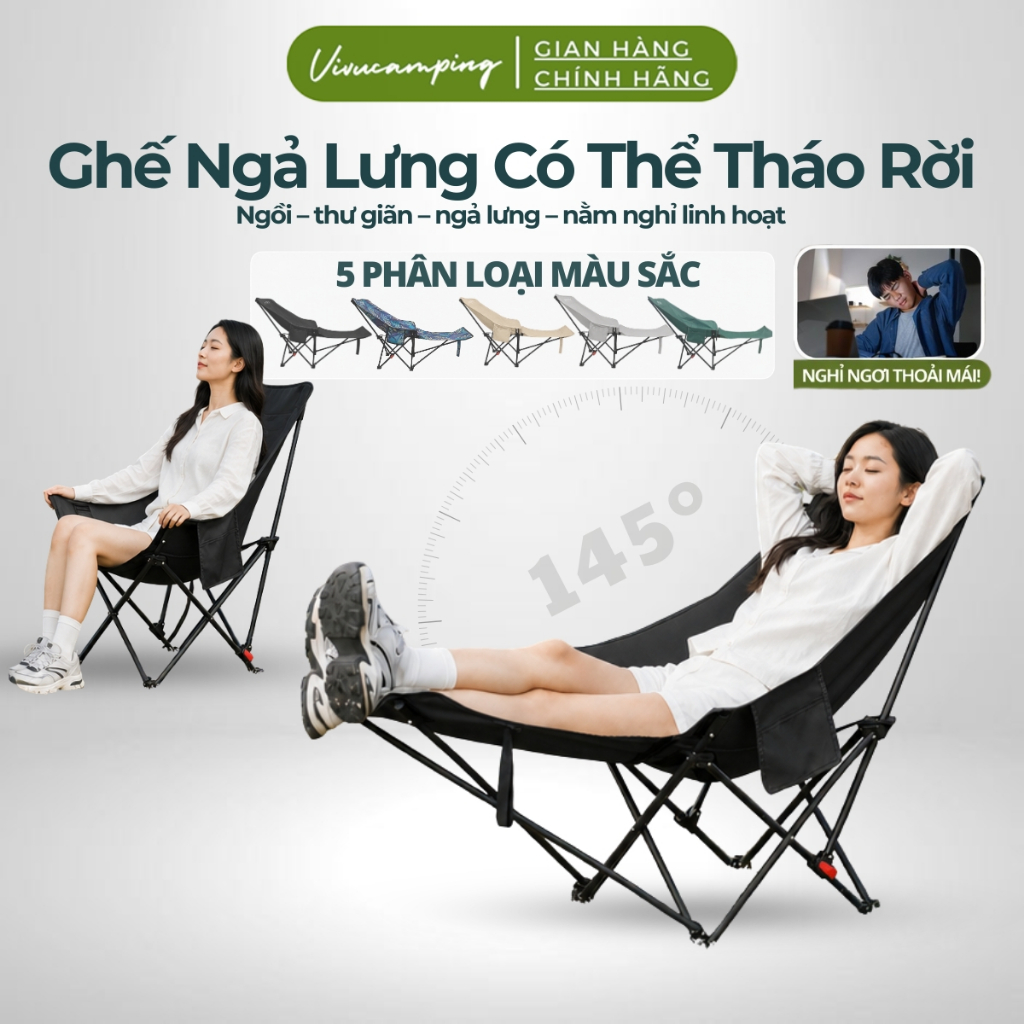 Ghế Gấp Gọn Camping Vivu Outdoor 4 Nấc Tựa Lưng Thoải Mái, Ghế Có Gác Chân Thư…