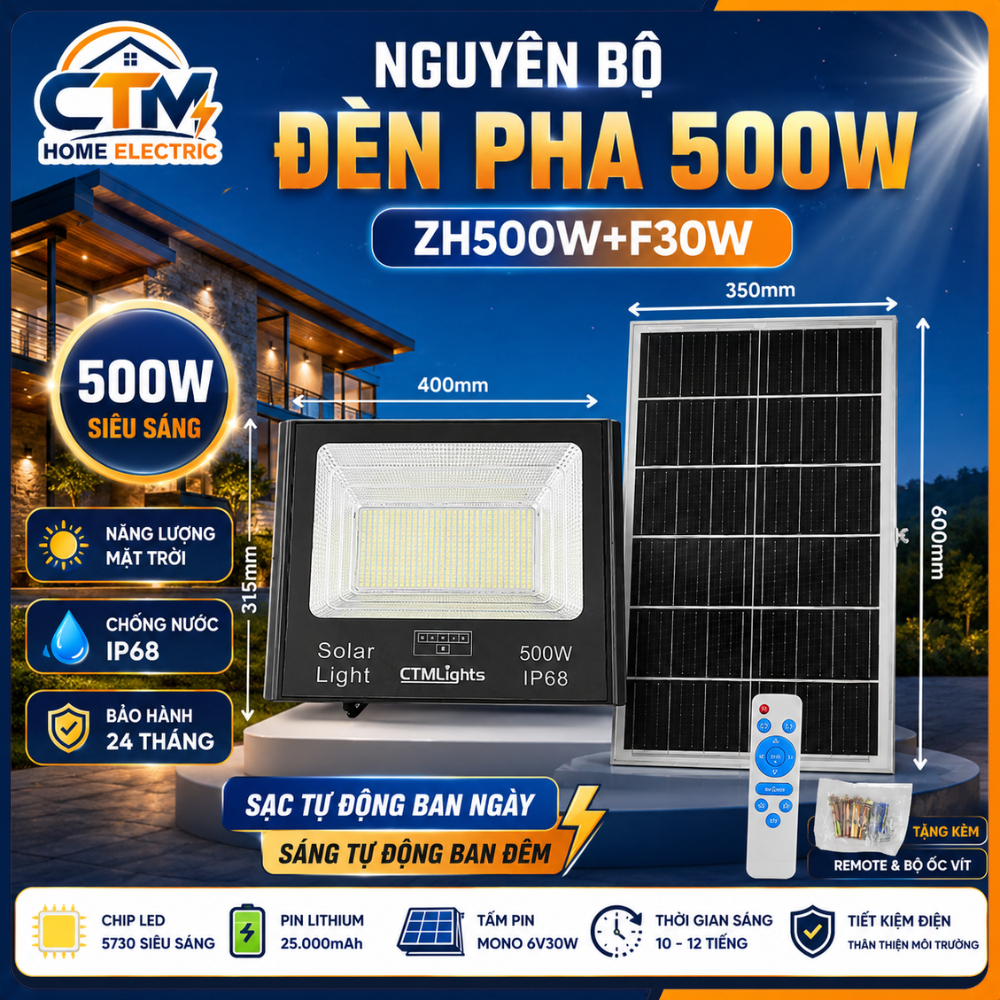 Đèn Pha 500W Năng Lượng Mặt Trời, IP68 Chống Nước Ngoài Trời - Bảo Hành 2 Năm