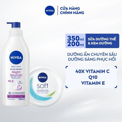 Bộ 2 Kem Dưỡng Mềm Da NIVEA Soft Crème 200ml và Sữa Dưỡng Thể NIVEA Sáng Da Ban Đêm 8 Super Foods 350ml – 98412+89050