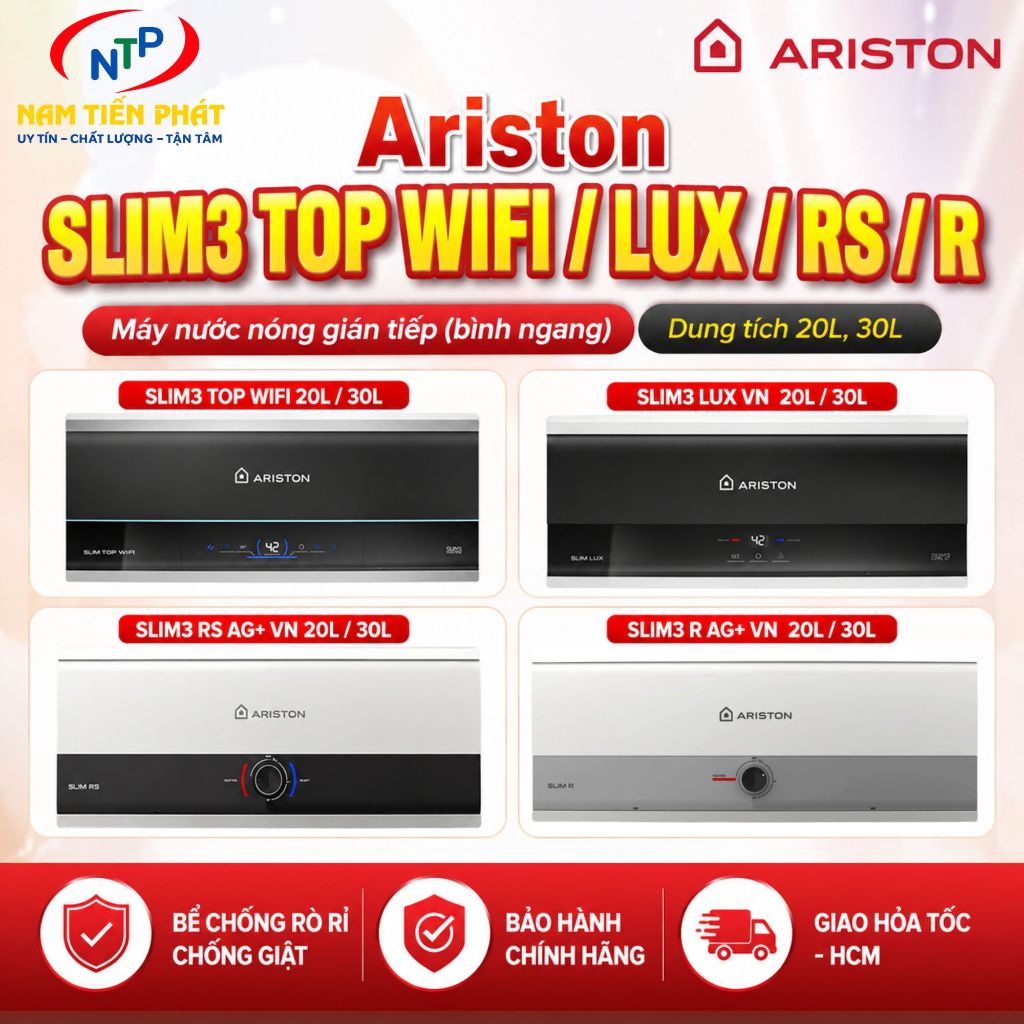 Máy nước nóng gián tiếp (bình ngang) Ariston SLIM3 TOP WIFI / LUX / RS / R – Dung tích 20L, 30L