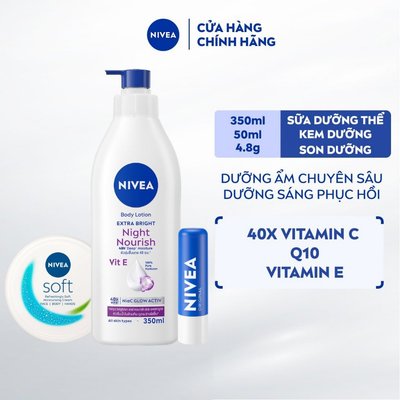 Bộ 3 Kem Dưỡng Mềm Da NIVEA 50ml + Son Dưỡng 4.8g + Sữa Dưỡng Thể NIVEA Sáng Da Ban Đêm 350ml – 98412+85061+89054
