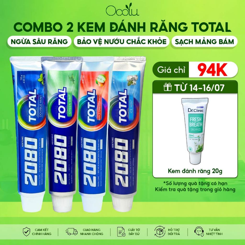 Combo 2 tuýp kem đánh răng 2080 Dental Clinic Total Hàn Quốc chăm sóc nướu, làm trắng, ngừa sâu răng