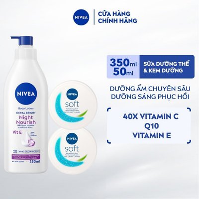 Bộ 3 Kem Dưỡng Mềm Da NIVEA Soft Crème 50ml và Sữa Dưỡng Thể NIVEA Sáng Da Ban Đêm 350ml - 98412+89054x2