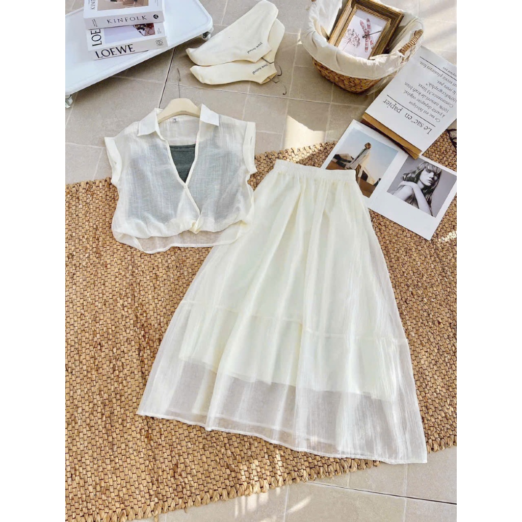 Set Bộ Áo Sơ Mi Crop Top Vải Voan Tơ Và Áo 2 Dây Kèm Chân Váy Dài French Chic Đi Biển Cakecat