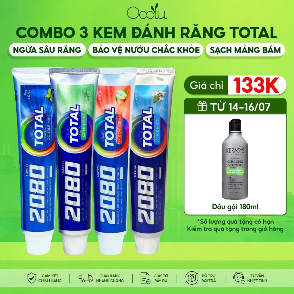Combo 3 tuýp kem đánh răng 2080 Dental Clinic Total Hàn Quốc chăm sóc nướu, làm trắng, ngừa sâu răng
