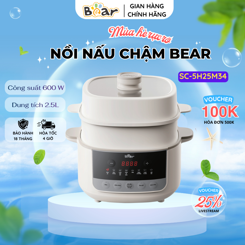 SC-5H25M34 Nồi Nấu Chậm Bear 2.5L Hầm Cách Thủy 8 Chế Độ Nấu Thông Minh Hẹn Giờ 24H Siêu Bền