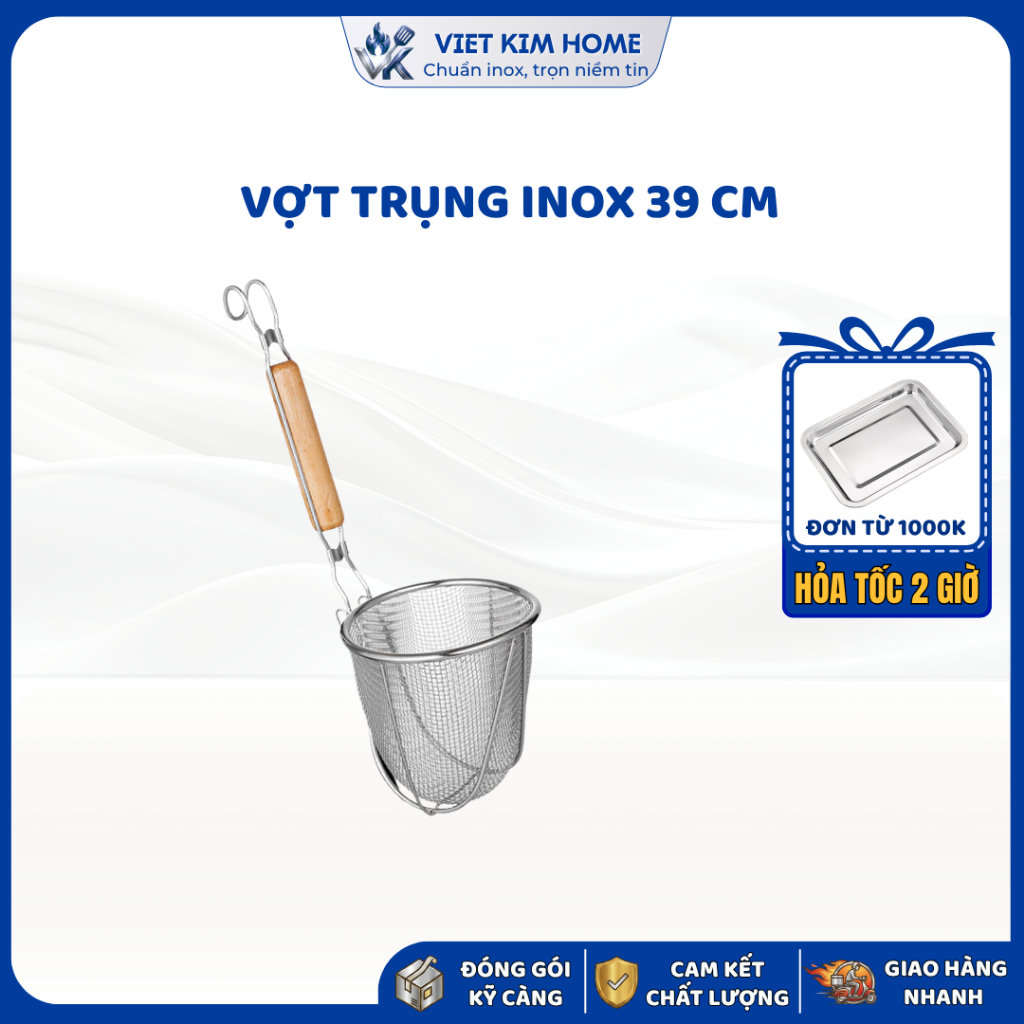 Vợt Trụng Inox Việt Kim 39 cm – Dụng Cụ Trụng Bún Phở, Mì, Bánh Canh, Lưới Inox Bền Chắc, Chống Gỉ
