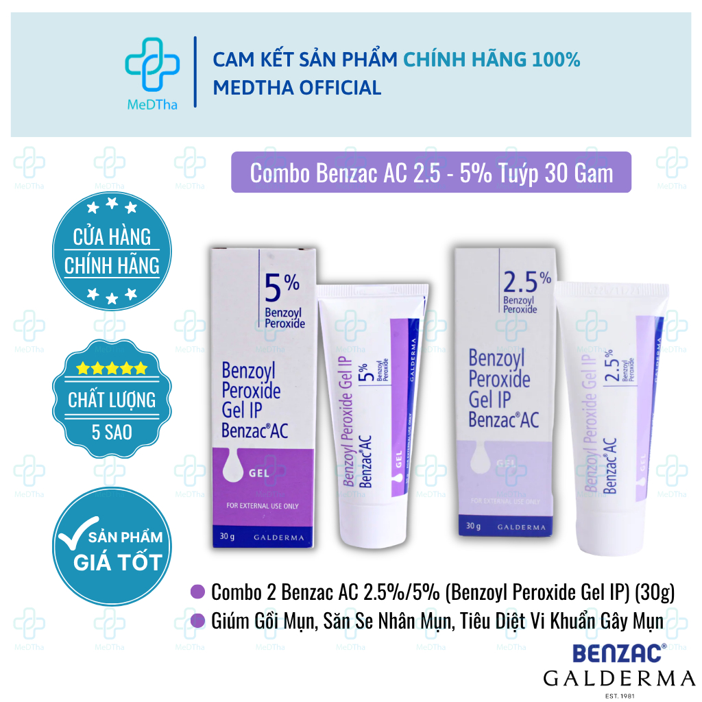 [COMBO 2 TUÝP] Benzac AC 2.5%/5% - Benzac Ấn, Gel Chấm Mụn, Mụn Trứng Cá, Sưng Tấy (30g)