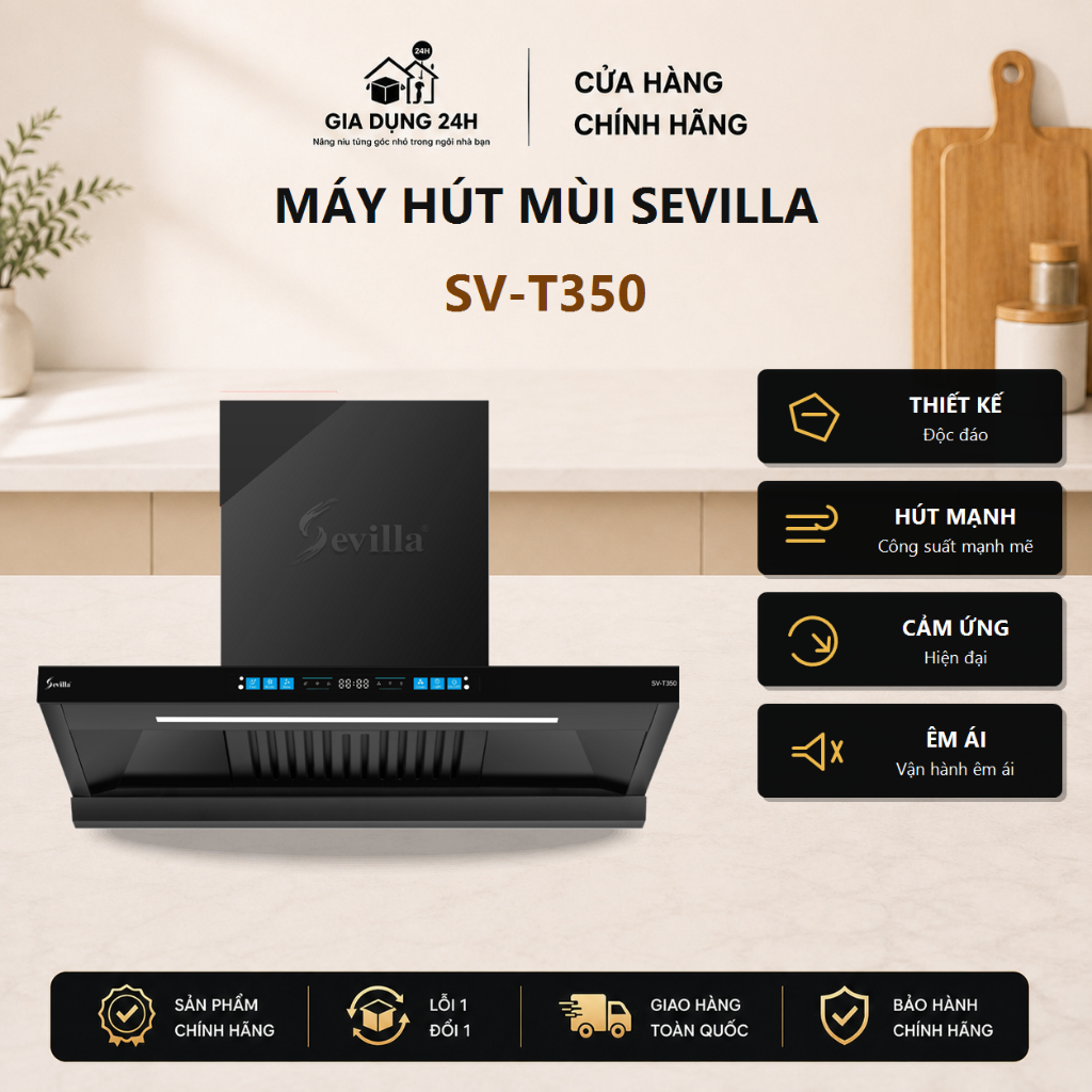 Máy hút mùi Sevilla SV-T350-Công suất hút 1200m3/h, Cảm ứng vẫy tay, BH 3 năm, Đổi mới trong 30 ngày