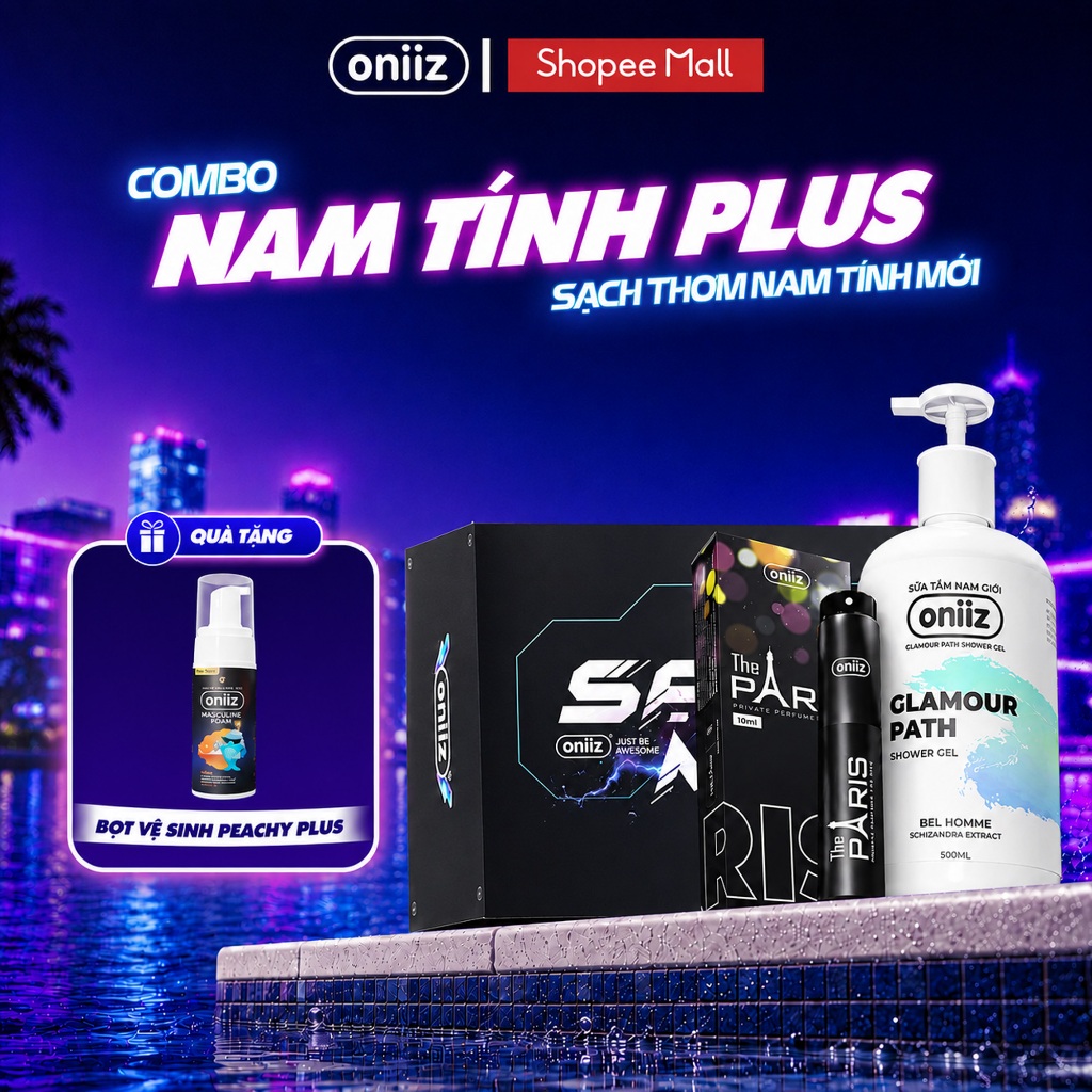 Combo nam tính plus Gel tắm, nước hoa cao cấp, Bọt vệ sinh nam giới phiên bản mới Oniiz Plus 145ml