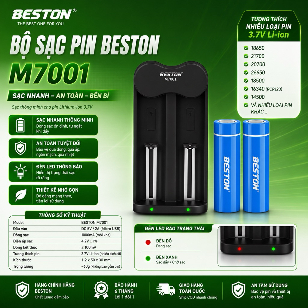 Pin sạc 3.7v Beston 18650- dung lượng cao 3300mah - Sạc beston - Chính hãng - Bh 6 tháng