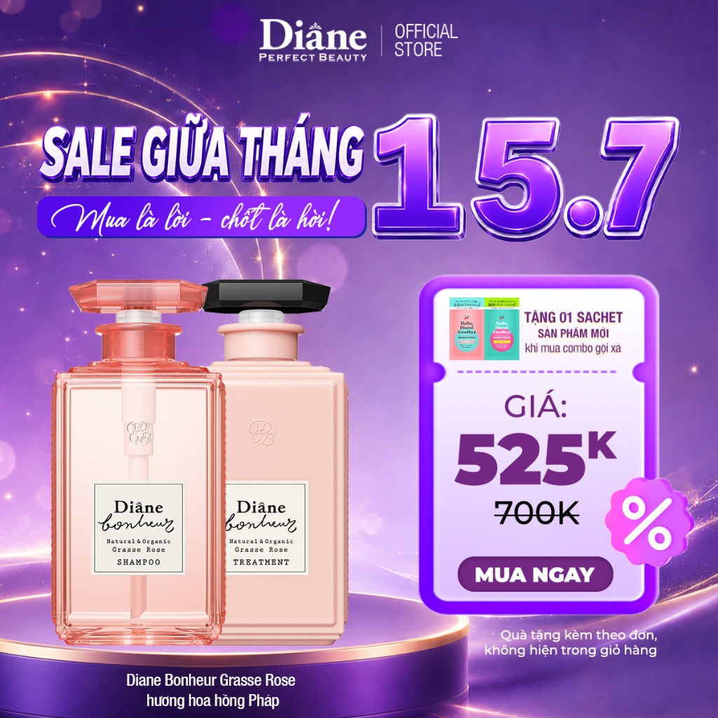 Bộ dầu gội xả phục hồi hư tổn dưỡng tóc bồng mượt Diane Bonheur Grasse Rose hương hoa hồng Pháp