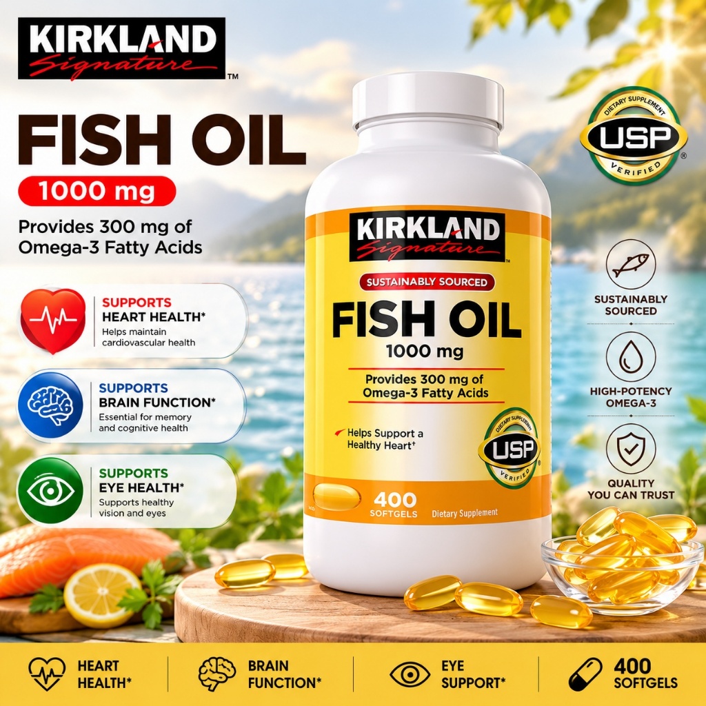 [CHÍNH HÃNG] Viên uống dầu cá bổ sung Omega-3 cho Tim mạch, Thị lực & Não bộ Kirkland Signature Fish