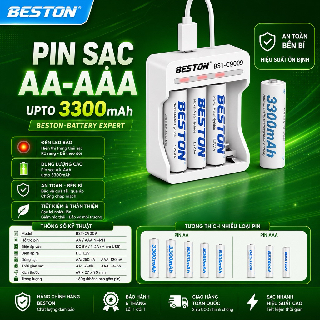 Sạc nhanh Beston C9009  - C9010 beston - Pin sạc Beston 1.2V pin tiểu AA Pin đũa AAA - Bh 12 Tháng