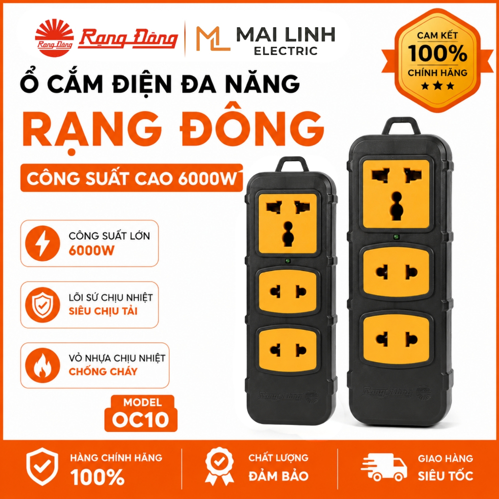 [Chính Hãng] Ổ cắm điện đa năng công suất cao 6000W (Không Dây) Rạng Đông -Siêu chịu tải -Lõi sứ chị
