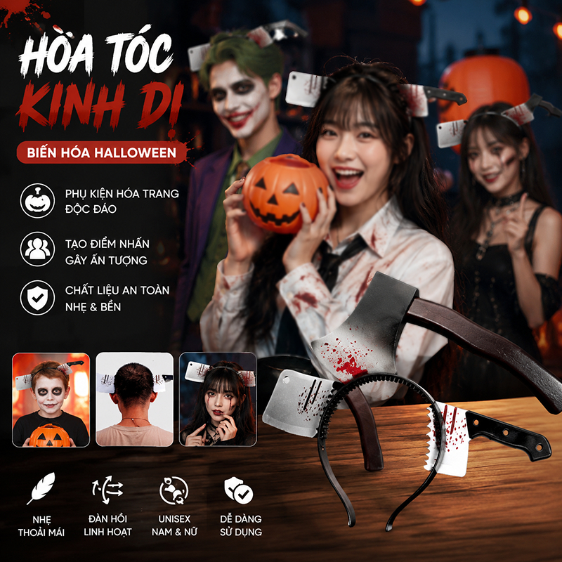 🔥🔥(Halloween), Bờm, Băng Đô Ngộ Nghĩnh Hoá Trang Halloween, Hình Kéo, Cưa, Búa, buổi tiếc