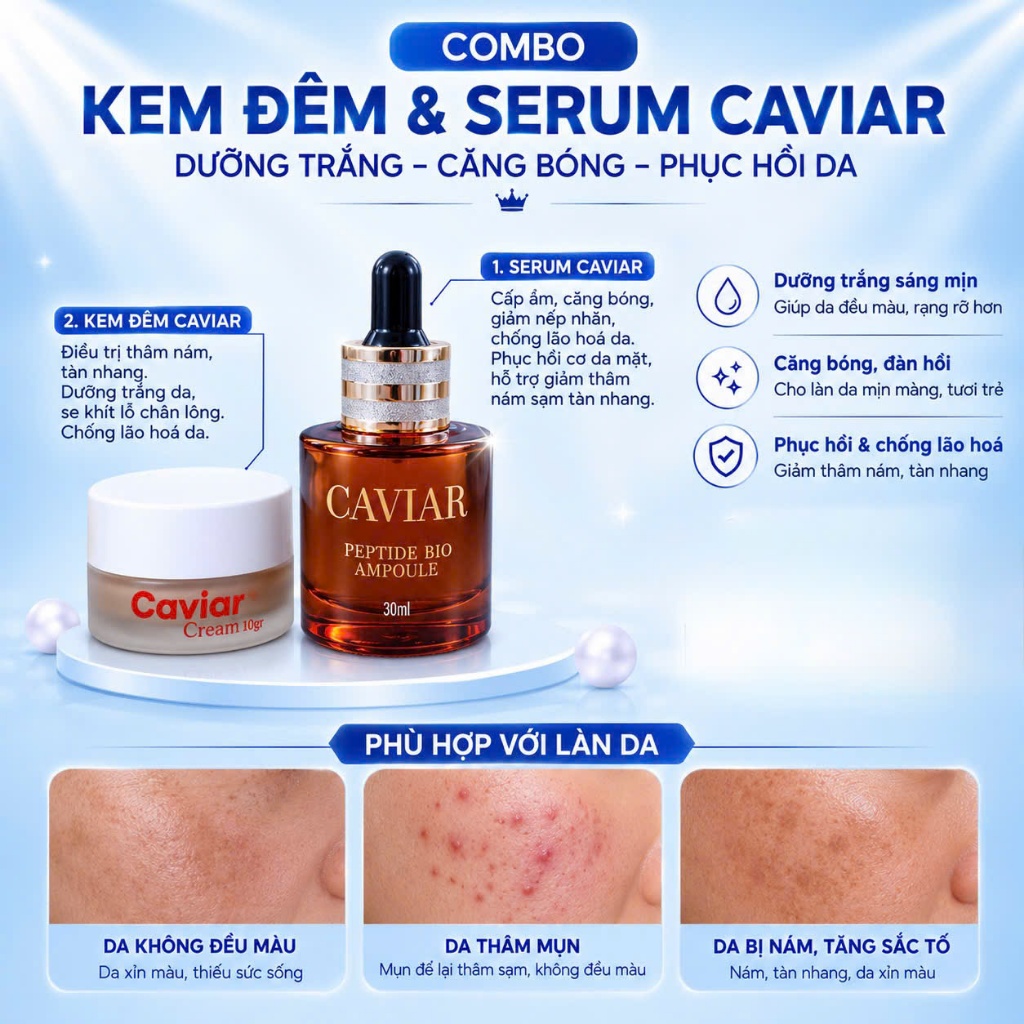 Combo Serum Caviar 30ml + Kem caviar trứng cá tầm Caviar 10gr - chăm sóc da ban đêm giúp dưỡng trắng