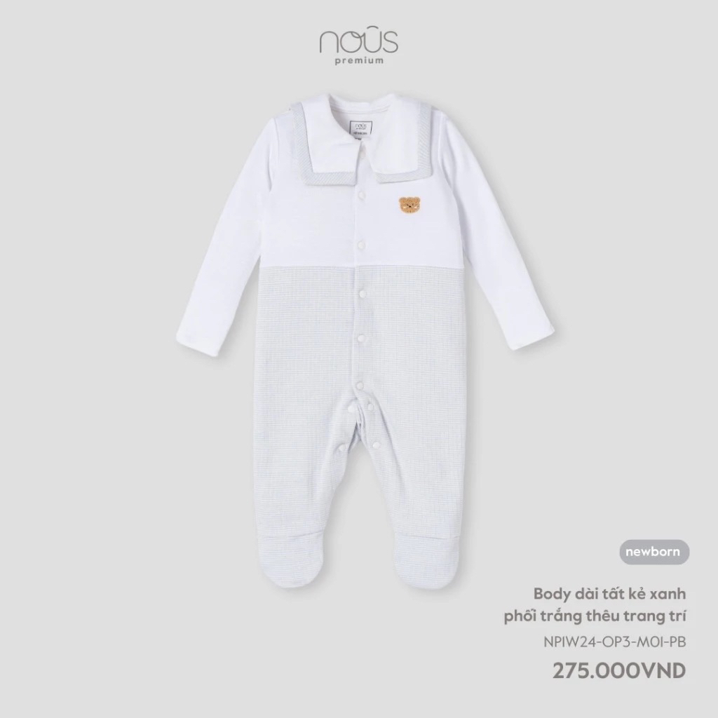 BODY NOUS PREMIUM LIỀN DÀI KẺ XANH NHẠT PHỐI TRẮNG THÊU GẤU NEWBORN