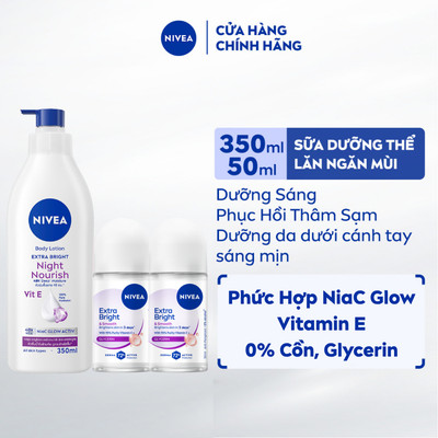 Bộ Sữa Dưỡng Thể NIVEA Dưỡng Sáng Mịn Da Ban Đêm (350ml) và 02 Lăn Ngăn Mùi NIVEA Pearl&Beauty/ Extra Bright (50mlx2)