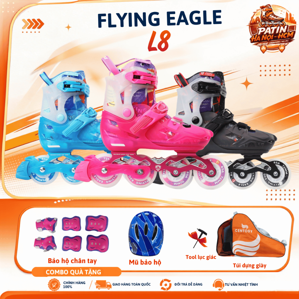 Giày patin trẻ em Flying Eagle L8 8 bánh đèn, bánh cao su đặc, càng hợp kim nhôm chịu lực dưới 80kg 