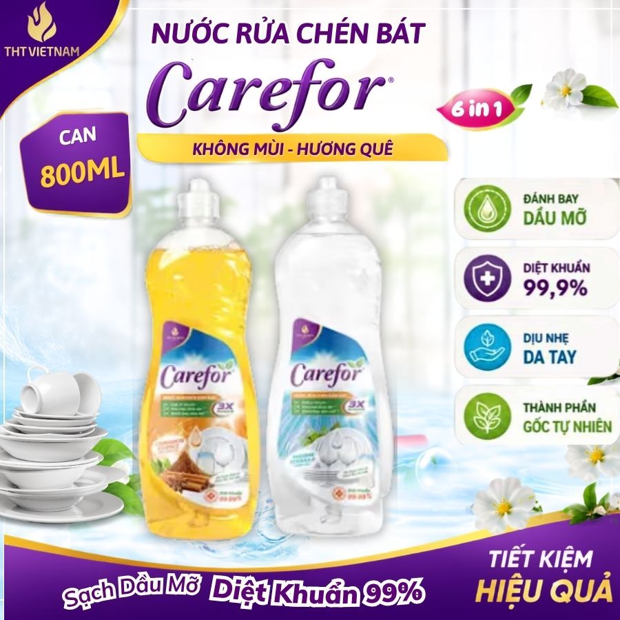 Nước Rửa Chén Bát Carefor 800ml Đậm Đặc Đánh Bay Mọi Vết Bẩn Không Mùi, Tinh Chất Quế, Kiwi