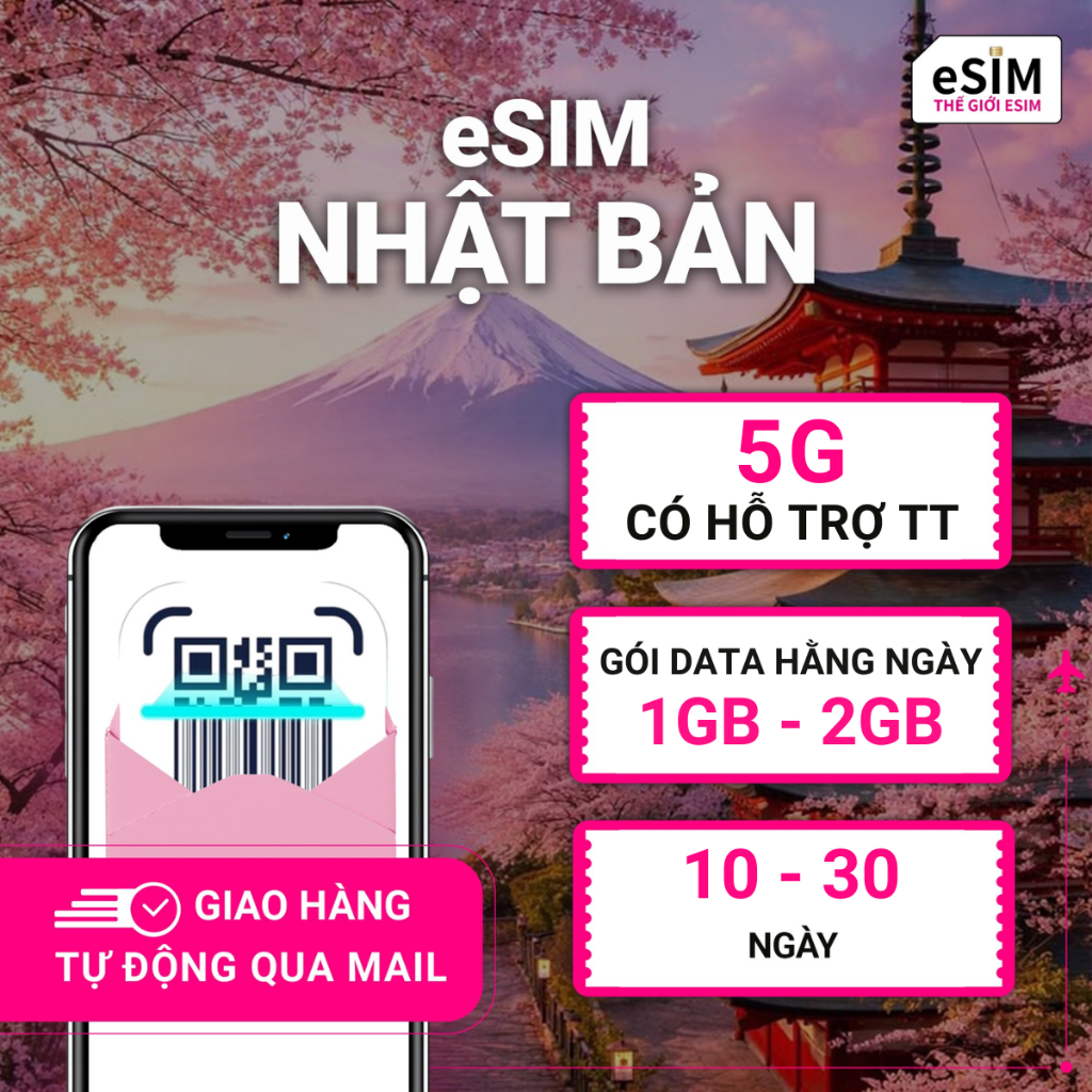 eSIM Nhật Bản 5G, Gói Data hằng ngày 1GB - 2GB, 10 - 30 ngày, Nhà mạng KDDI/ Softbank