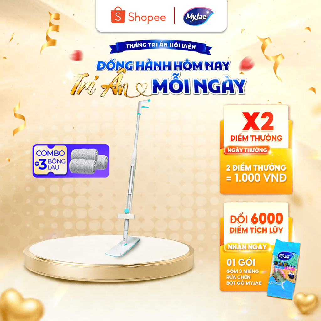 Combo 3 Bông Lau + 1 Cây Lau Nhà MyJae Sợi Microfiber Tự Vắt Phun Sương Xoay 360 Độ Thông Minh 138c