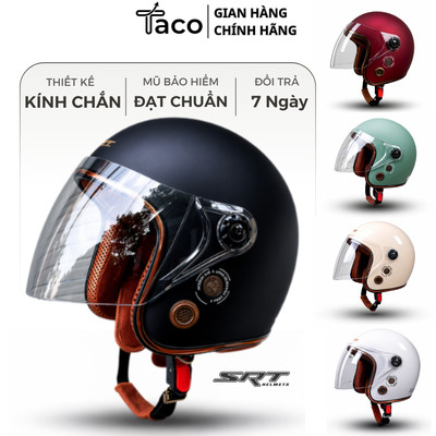 Mũ Bảo Hiểm 3/4 Có Kính Chắn Gió, Gọn Nhẹ, Nón Bảo Hiểm Ba Phần Tư TACO Lót Nâu Viền Đồng Cao Cấp Cho Cả Nam Và Nữ