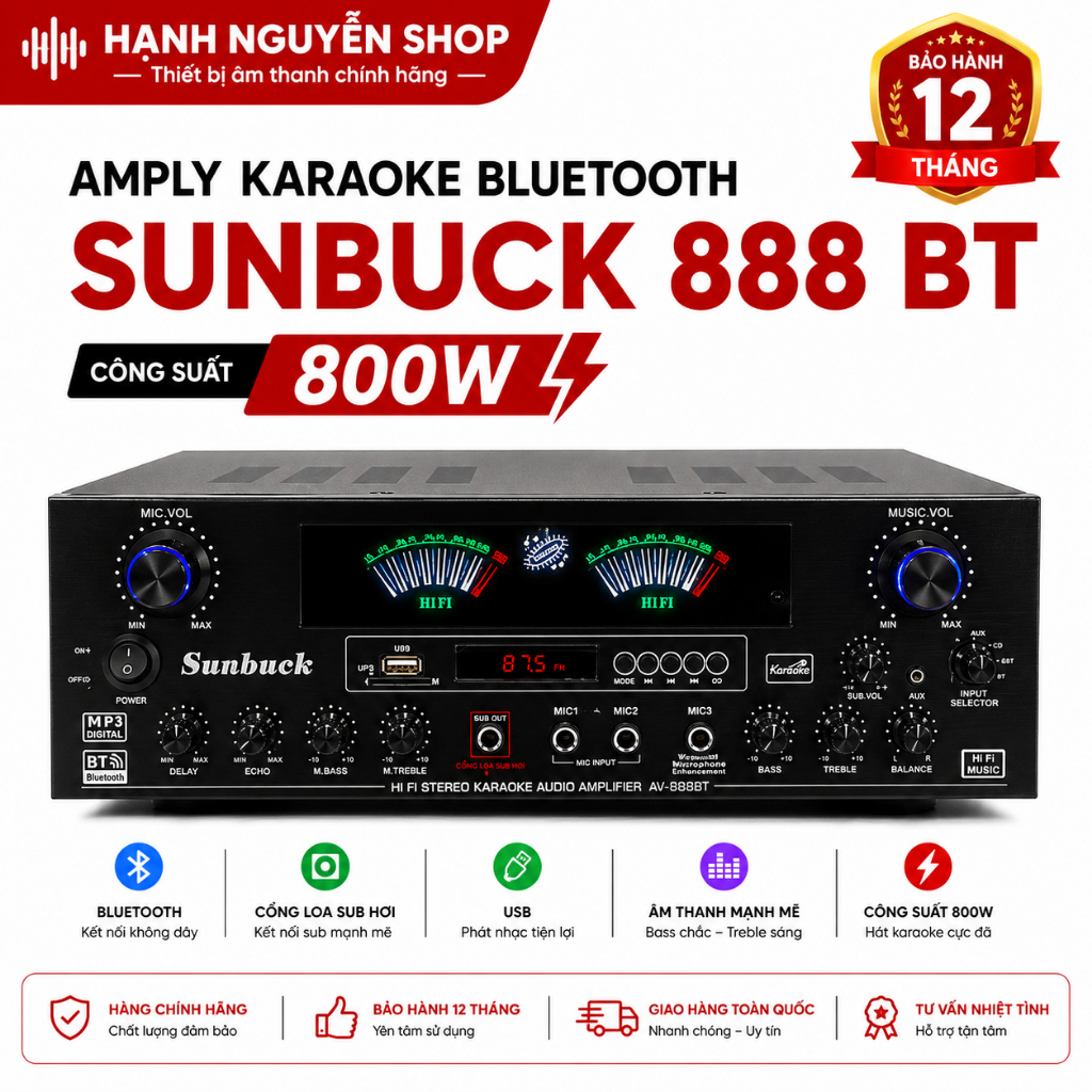 Âm ly sunbuck 888BT. Âm ly karaoke 5.1 có cổng riêng sub hơi, đánh bass 20, 25 bảo hành 12 tháng