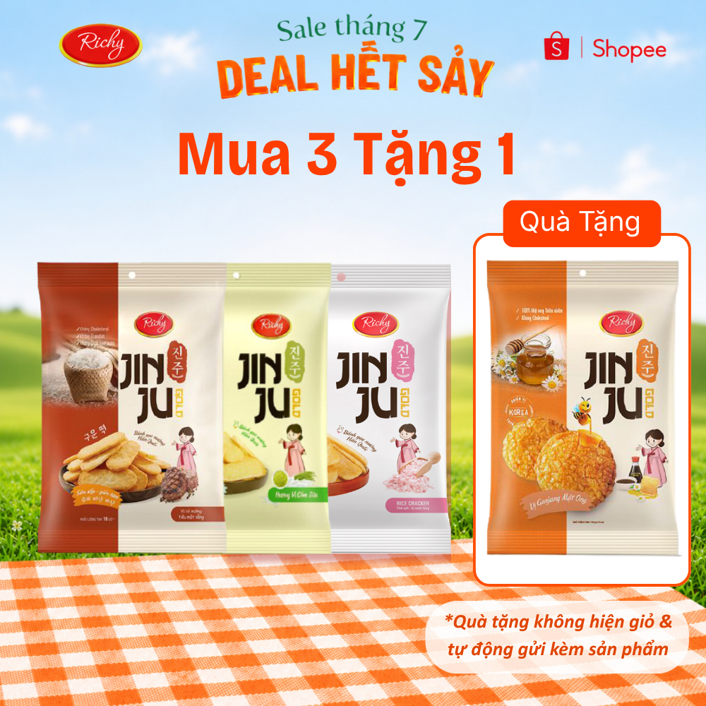 [Mua 3 Tặng 1] Combo 3 Gói Bánh Gạo Richy Jinju Các Vị: Mật Ong, Muối Hồng, Cốm Sữa, Bò Tiêu
