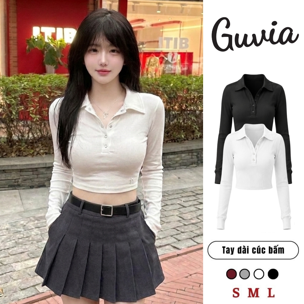 (Nhiều Size) Áo Croptop Nữ Tay Dài CÚC BẤM Cổ Polo Có Chun Ôm Eo Sexy, Áo Thun Nữ Cổ Bẻ Thun Gân Mềm
