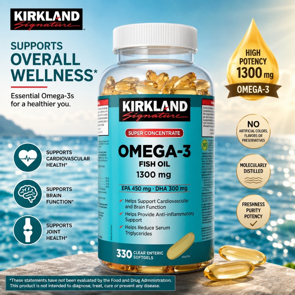 Kirkland Signature Super Concentrate Omega-3 Fish Oil 1300mg 330 Viên - Hỗ Trợ Tim Mạch, Não Bộ Và T