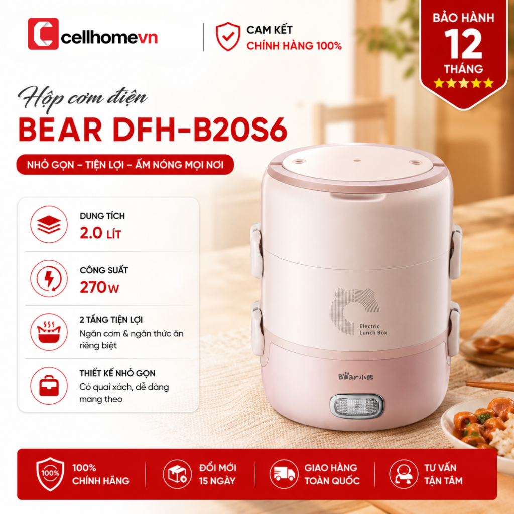 [Xuất VAT] Hộp Cơm Điện Văn Phòng Đa Năng Bear DFH-B20S6 | 2 Lít | 3 Ngăn | 270W | Inox 304 | Bảo Hà