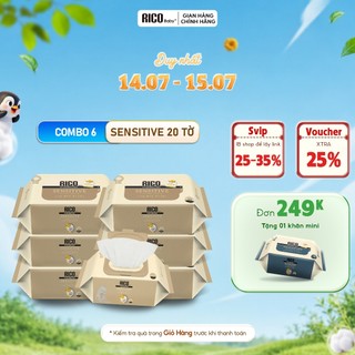 Combo 6 Khăn Giấy Ướt Mini RICO BABY Sensitive Thành Phần Thiên Nhiên Chống Nấm Kháng Viêm Cho Bé 20 Tờ Nội Địa Hàn