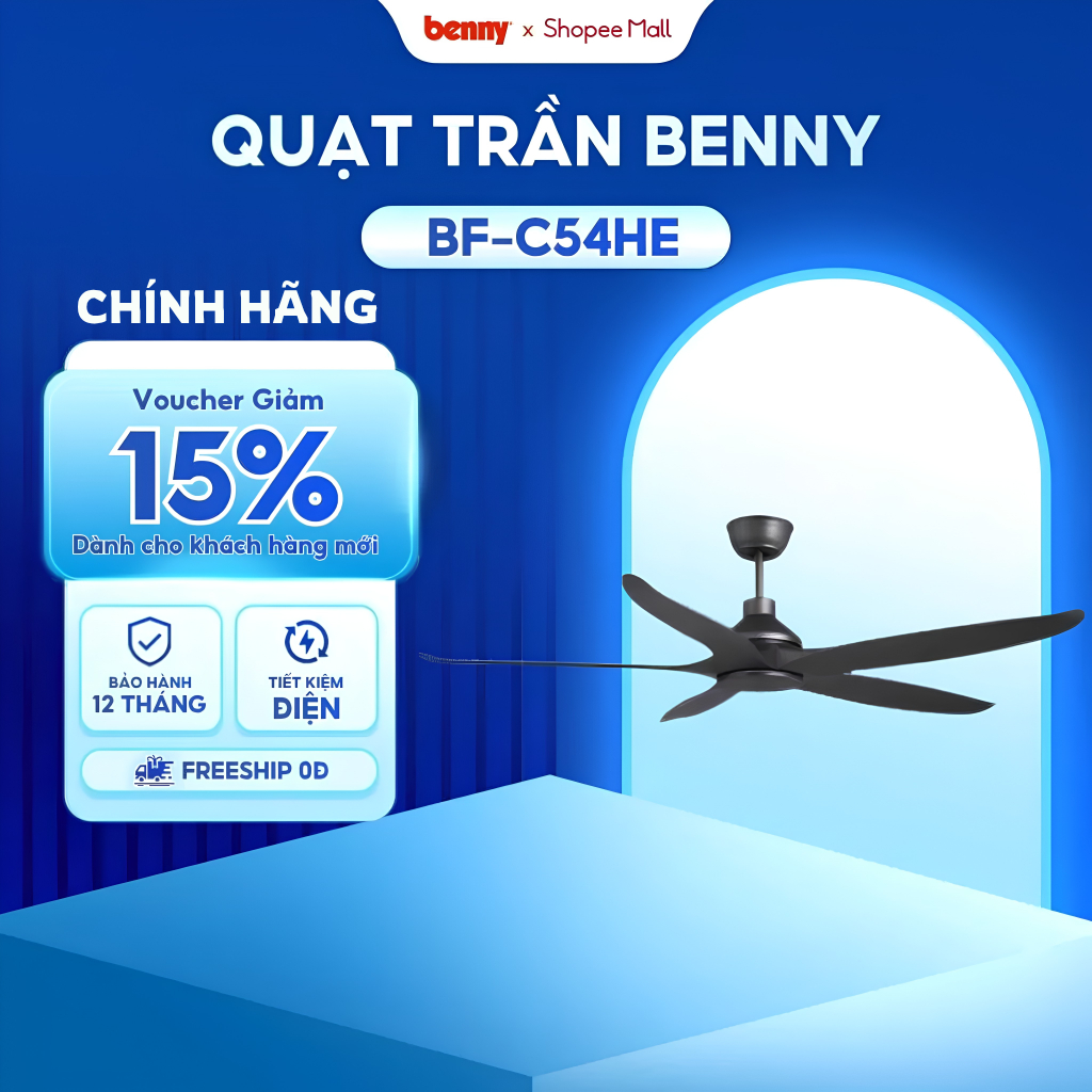 Quạt trần Benny BF-C54HE, Quạt trần Thái Lan, thiết kế Sang Trọng, tiết kiệm điện, điều khiển từ xa
