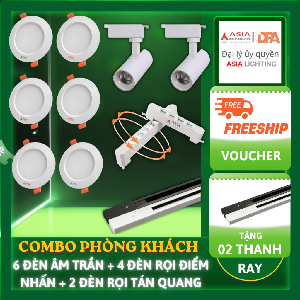 [TẶNG 2 THANH RAY] COMBO Đèn Trần Phòng Khách Sang Trọng : 6 đèn âm trần + 4 đèn rọi ray +2 đèn ray 