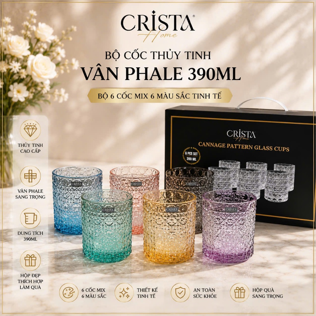 BỘ 6 CỐC THỦY TINH 390ML  VÂN PHA LÊ NỔI  CRISTA HOME CAO CẤP -  60253