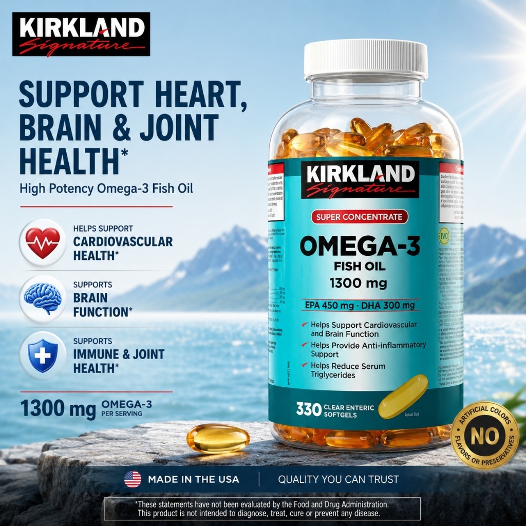 Kirkland Signature Super Concentrate Omega-3 Fish Oil 1300mg 330 Viên - Hỗ Trợ Tim Mạch, Não Bộ Và T