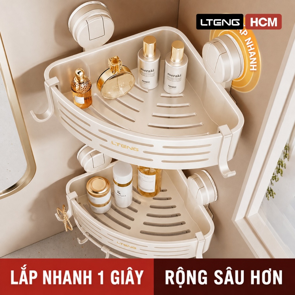 Kệ Góc Nhà Tắm LTENG Hút Chân Không Không Khoan Tường Nhựa ABS Màu Kem Đựng Mỹ Phẩm