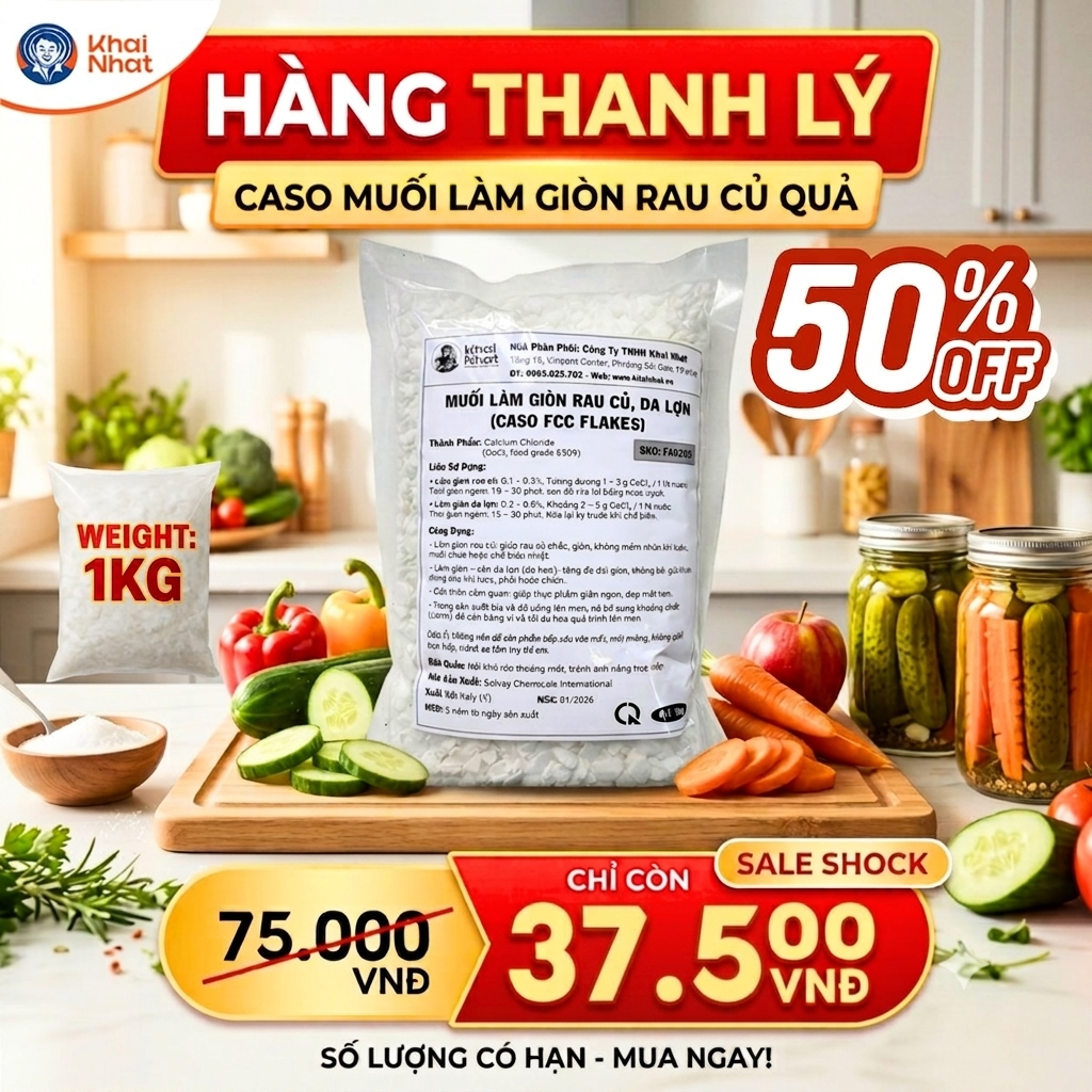 Caso muối làm giòn rau củ da Lợn Khai Nhật - CaCl2 Flakes - Phụ Gia Thực Phẩm  (Gói 1kg)