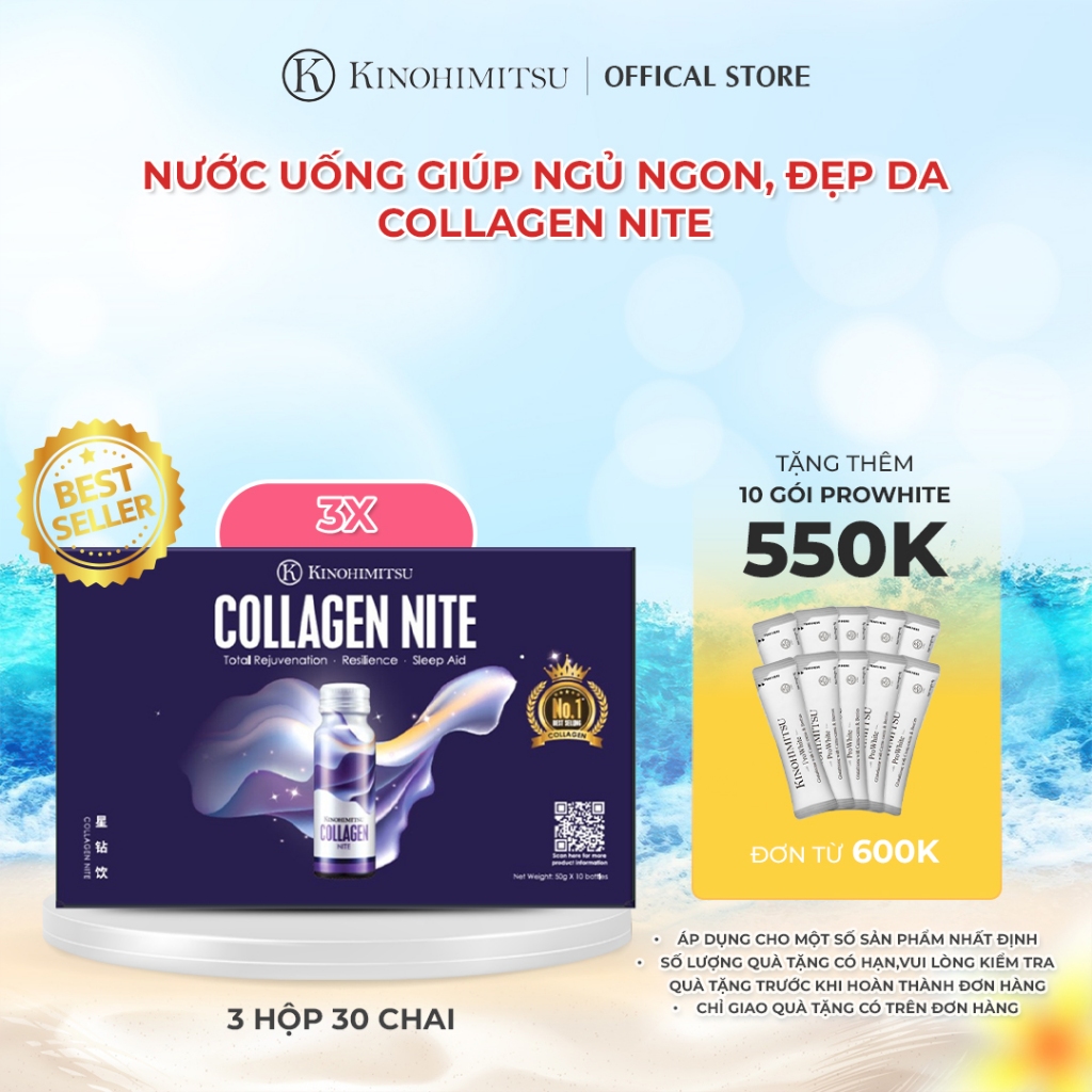 Bộ 3 Hộp Nước uống Collagen Nite Kinohimitsu chống lão hóa, giúp ngủ ngon, làm sáng và mịn da 50g x 
