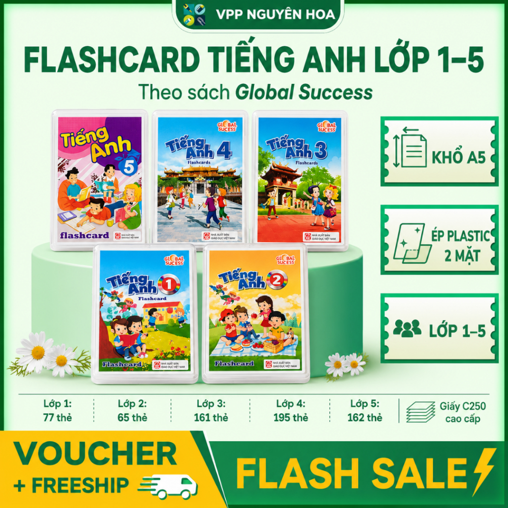 Flashcard Học Từ Vựng Tiếng Anh Lớp 1,2,3,4, 5 Theo Sách Global Success – Khổ A5, Ép Plastic 2 Mặt