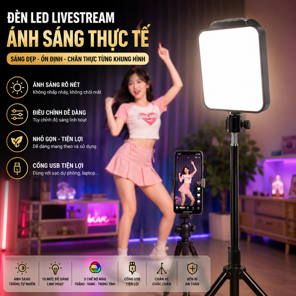 Đèn hỗ trợ ánh sáng Studio phòng chụp ảnh background livestream và quay video chuyên nghiệp Đèn Live