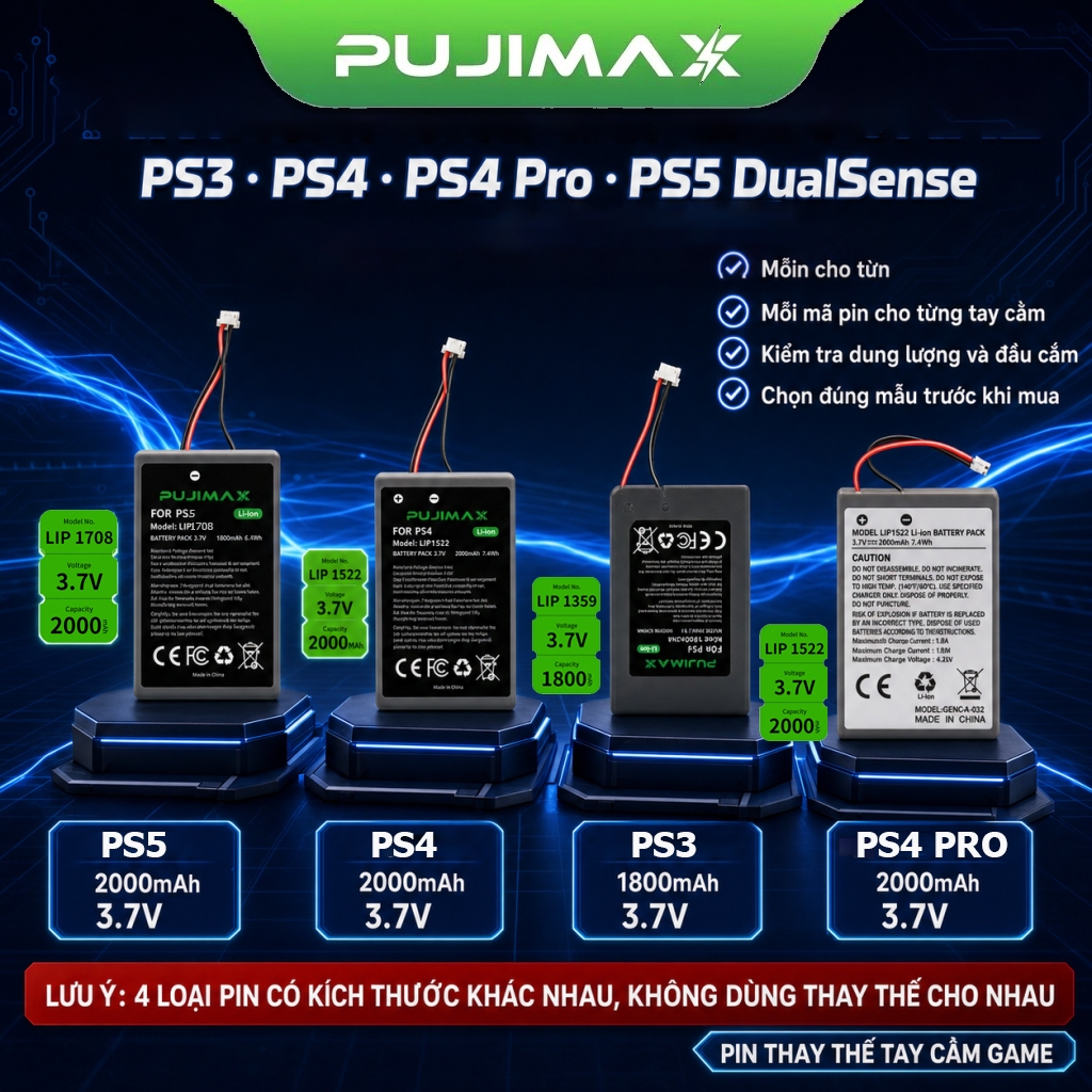 Pin lithium cho tay cầm PUJIMAX PS3/ PS4Pro/PS4/ps5, thay pin cũ hỏng, pin cho tay cầm game Sony