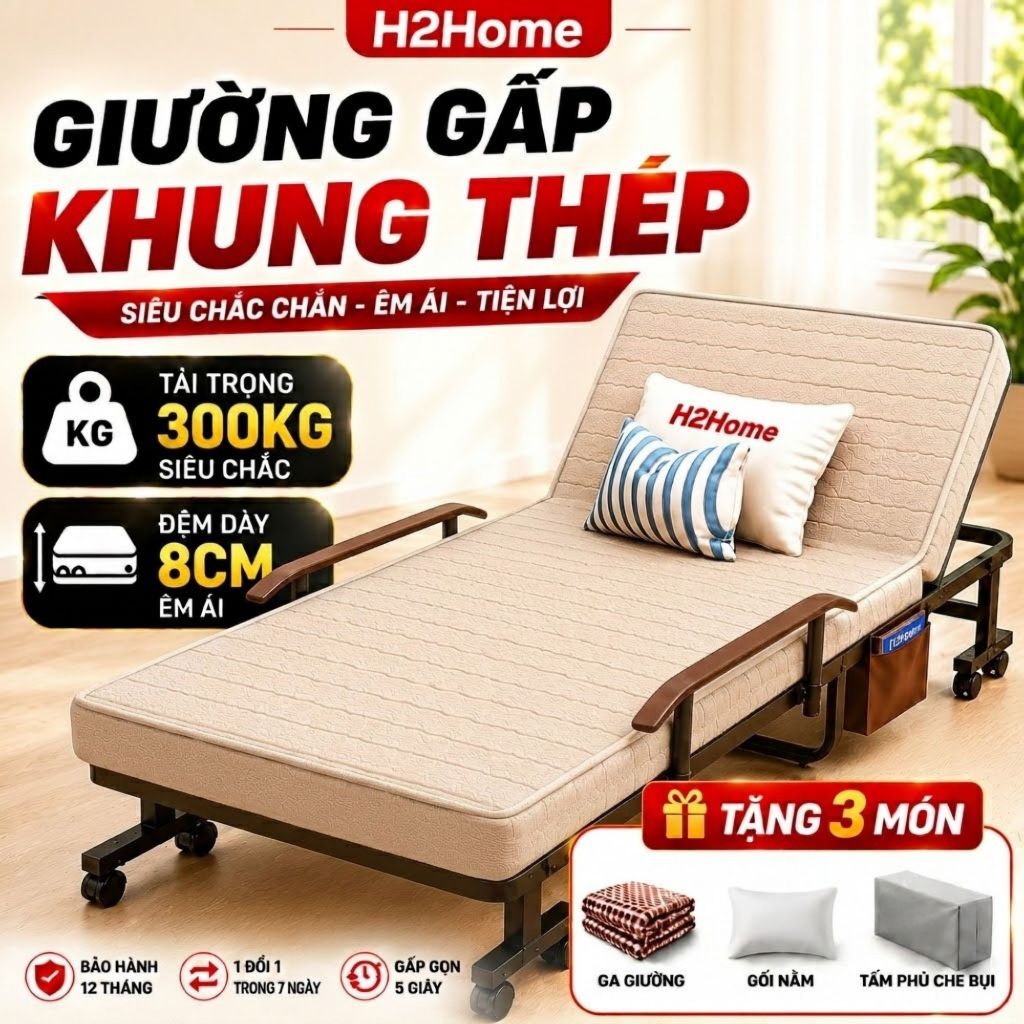 Giường Gấp H2Home 2 Khúc Cao Cấp, Giường Gấp Văn Phòng, Giường Xếp Người Lớn Nâng Đầu, Gấp Gọn Có Bá